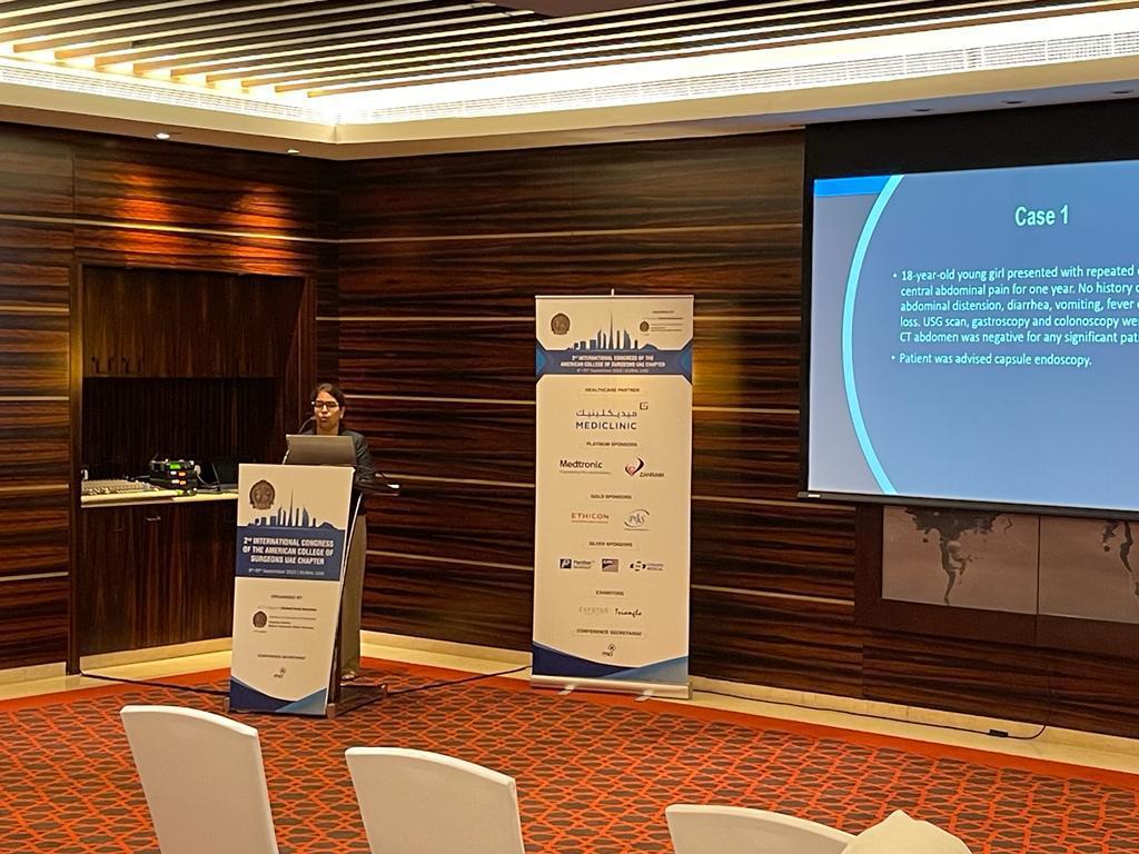 Dr Khare consultant at Kings College Hospital presenting her work at an international conference of American College of Surgeons UAE chapter” on September 9,2002 at Raffles Hotel Wafi City Mall